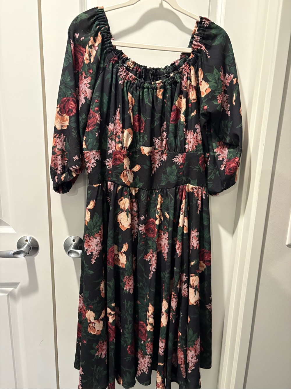 Pinup Couture Black Floral Midi Dress with Burgundy and Cream Roses
